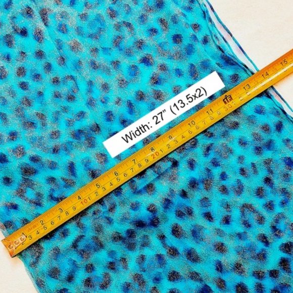 100% Silk Rectangle Scarf Sheer Blue Leopard Animal Print Silvery Dots Tassels - Picture 10 of 12